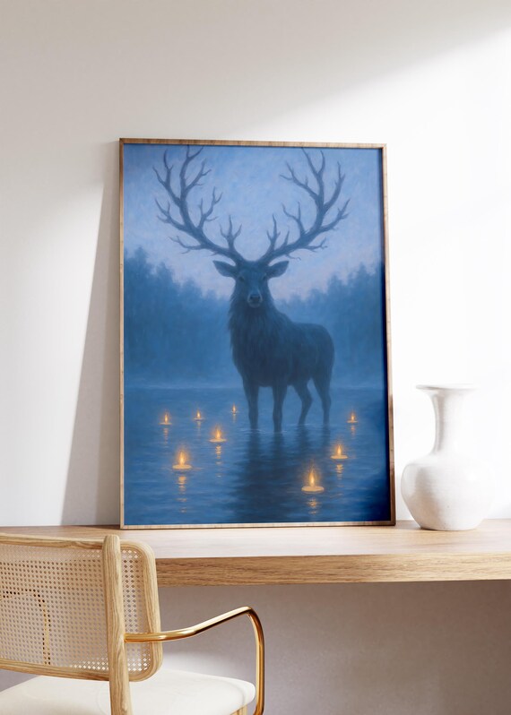 Forest Spirit Deer Wall Art Print Glowing Candles Twilight Blue Misty Lake Tree Antlers Dreamlike Magic Soft Fantasy Mood