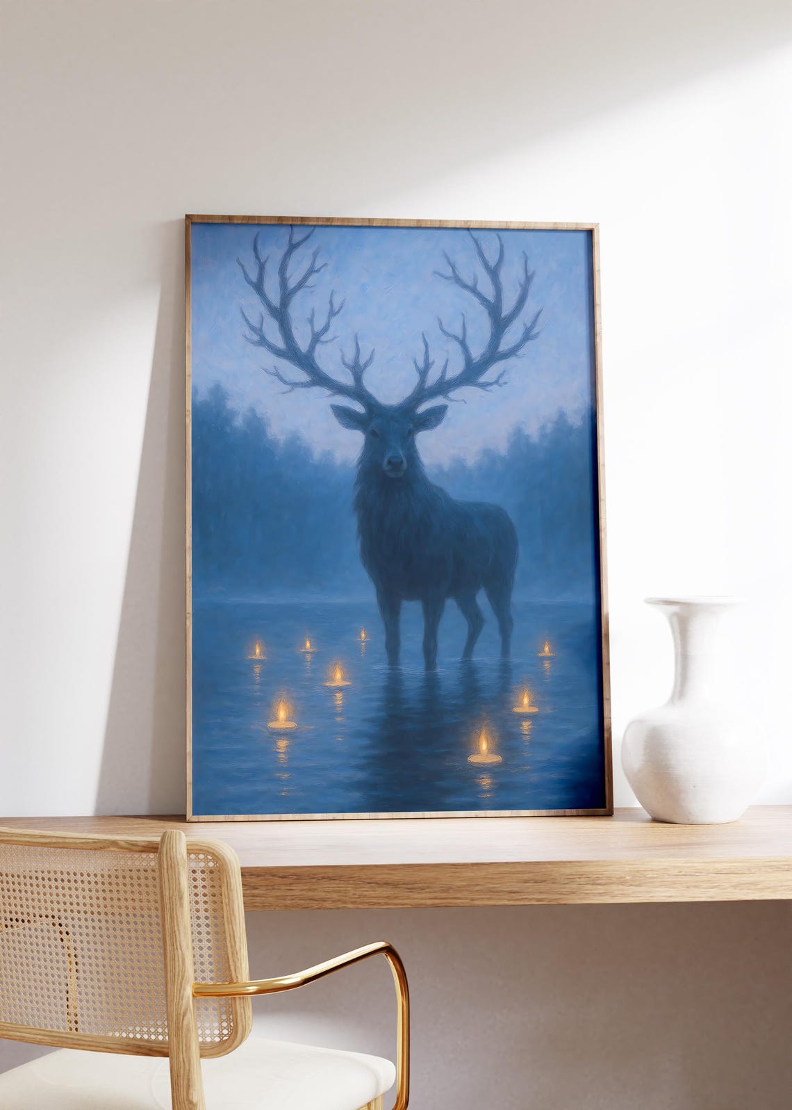 Majestic Stag In Twilight Water With Floating Candles Art Poster
