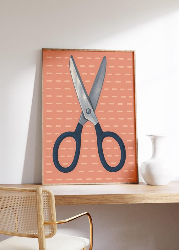 Scissors Wall Art Print Steel Blade Texture Dusty Pink Background Craft Room Vibe Minimalist Design Sewing Decor Bold Modern Contrast