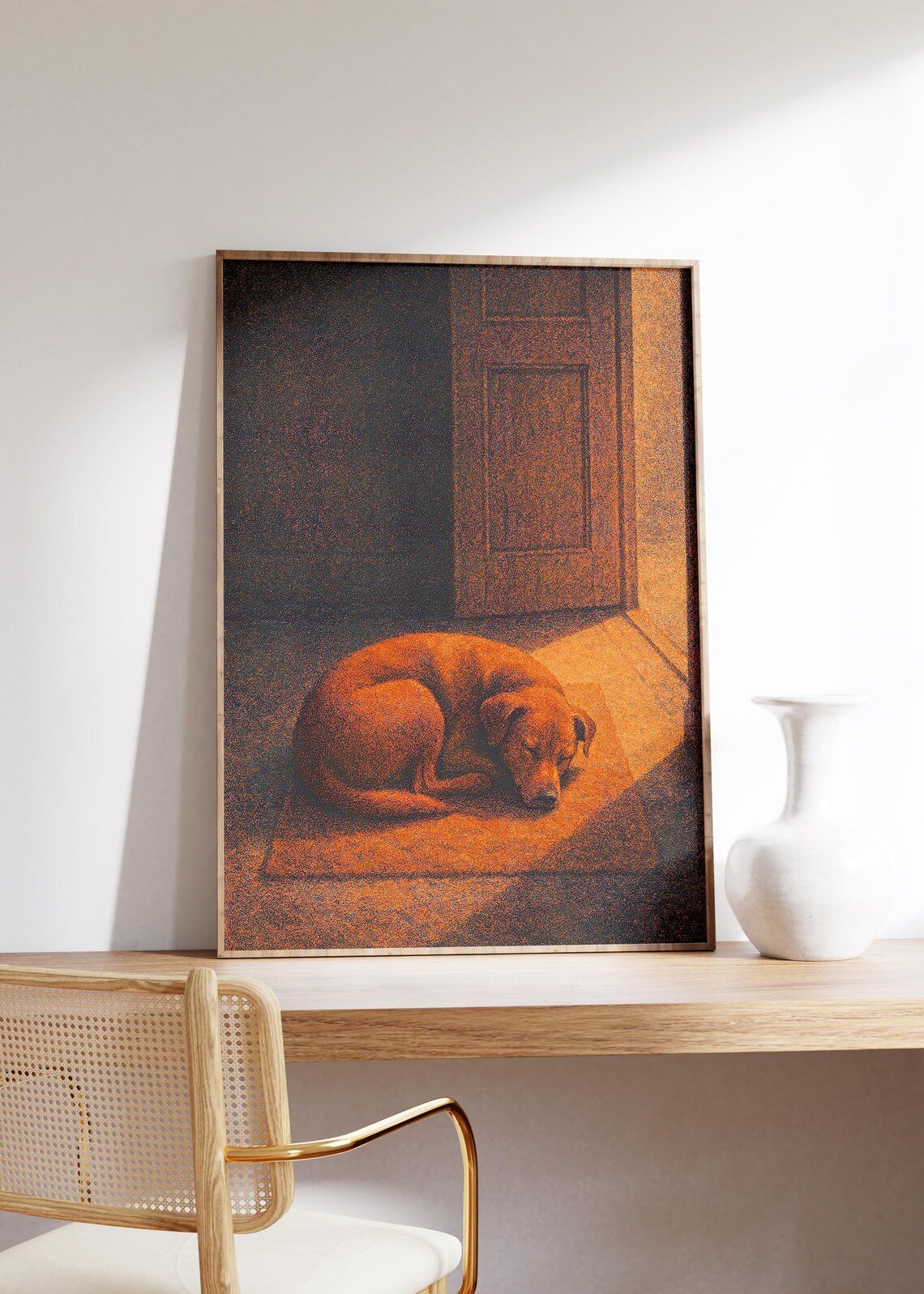 Cozy Sleeping Dog curled in Warm Sunlight by Wooden Door Poster