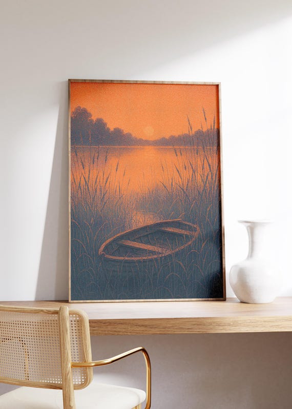 Rowboat By The Lake Wall Art Print Sunset Shore Moody Water Lakeside Reeds Orange Dusk Nature Calm Still Evening Soft Glow Scene
