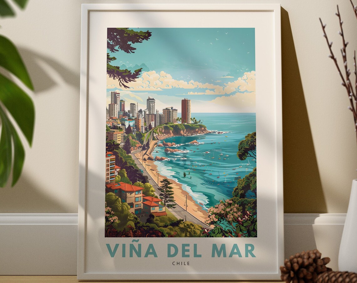Vina del Mar Chile Coastal City Beach Travel Poster Vintage Illustration