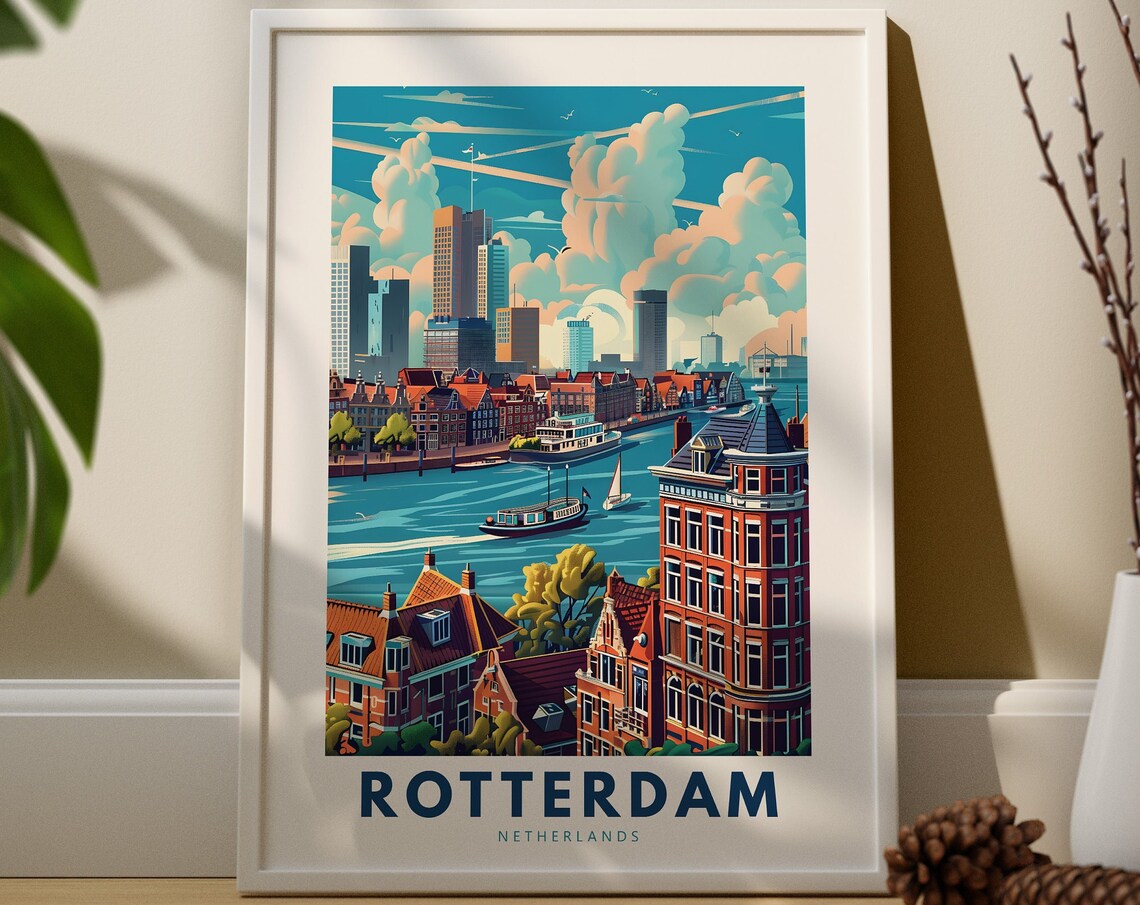 Rotterdam Netherlands Modern Skyline Harbor Sailboats Travel Poster