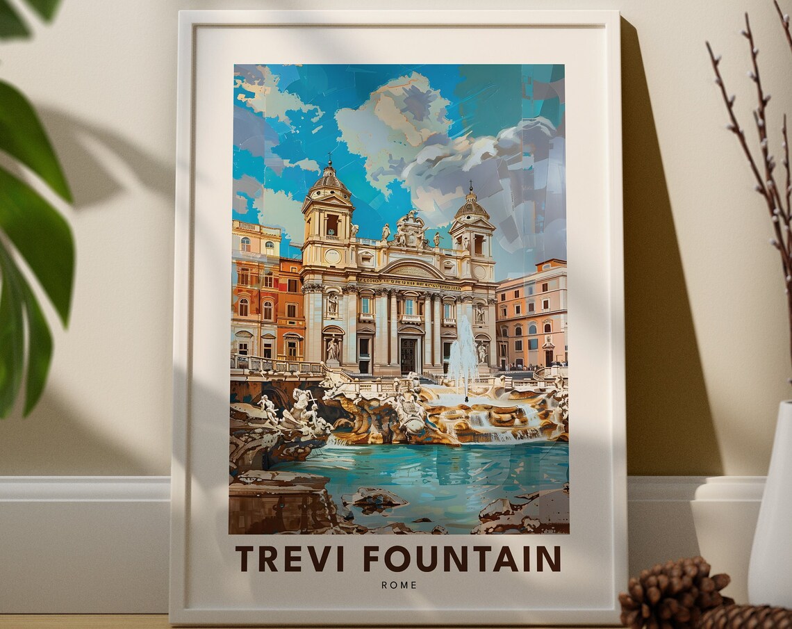 Trevi Fountain Rome Travel Poster Baroque Landmark Illustration Wall Decor