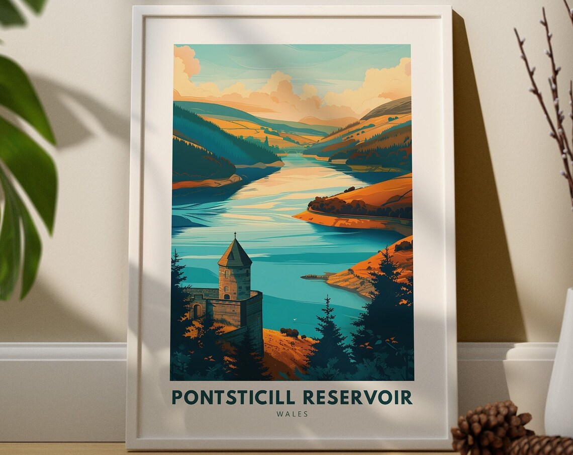 Pontsticill Reservoir Wales Scenic Lake Castle Vintage Travel Poster