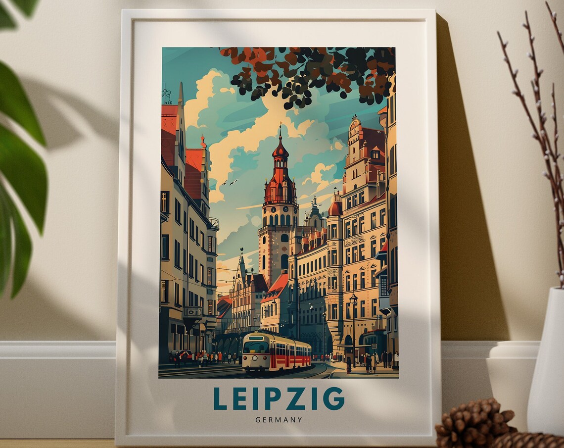 Leipzig Germany Historic Street Tram Scene Vintage Travel Poster