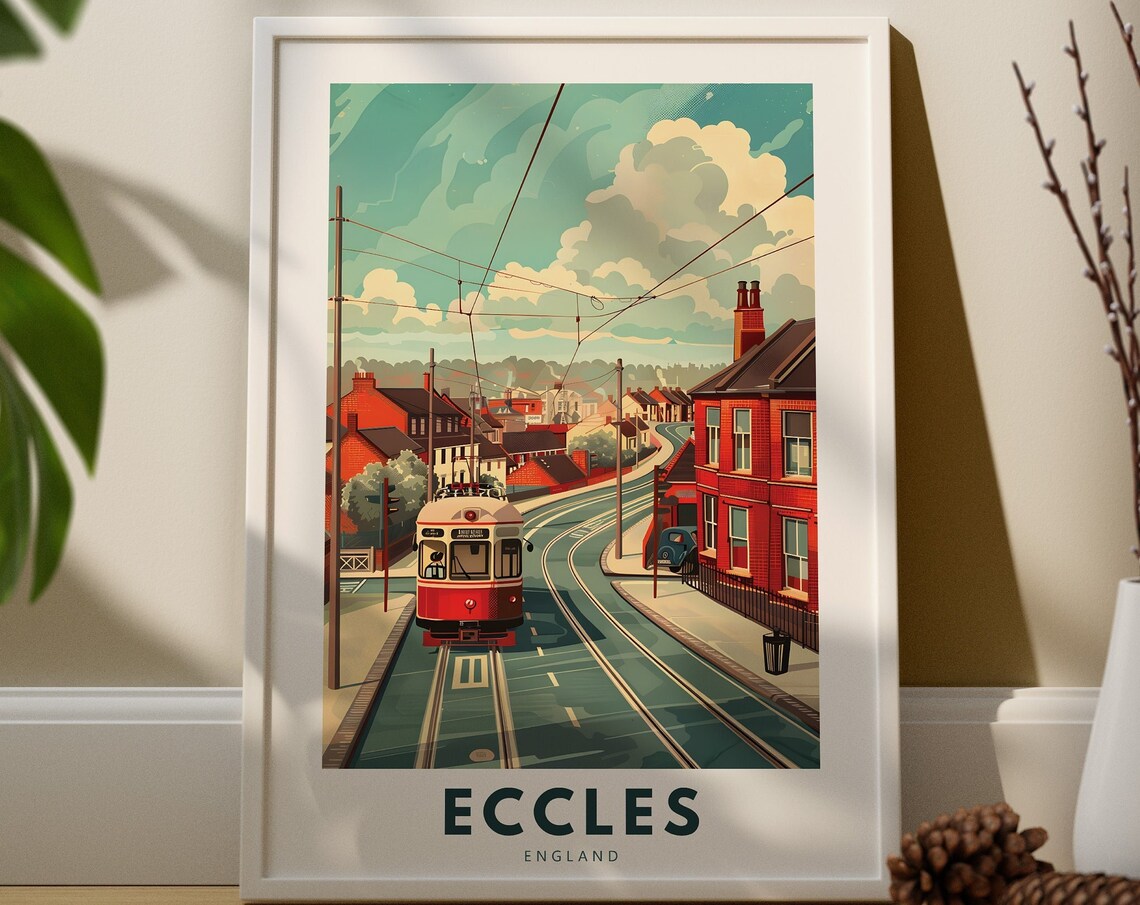 Eccles England Red Tram Brick Street Vintage Suburb Travel Poster