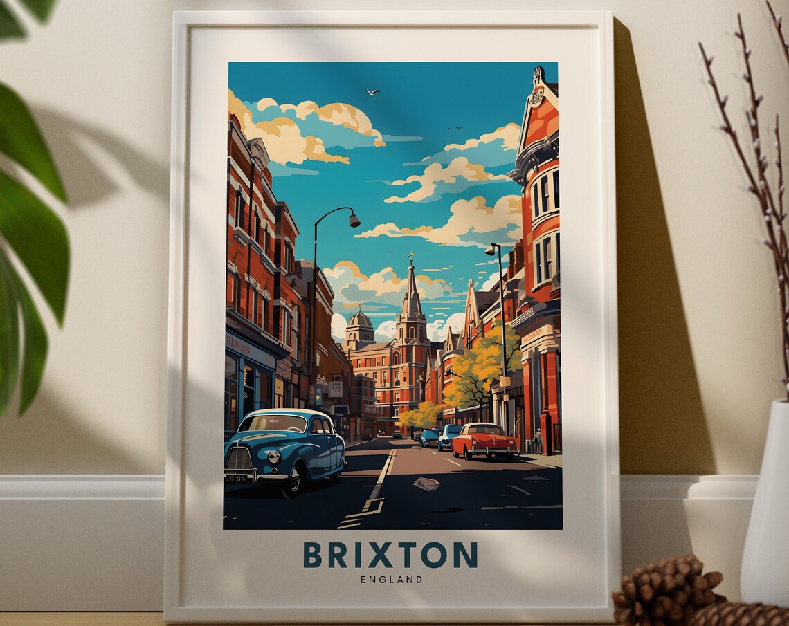 Brixton England Travel Poster London Street Scene Classic Car Art
