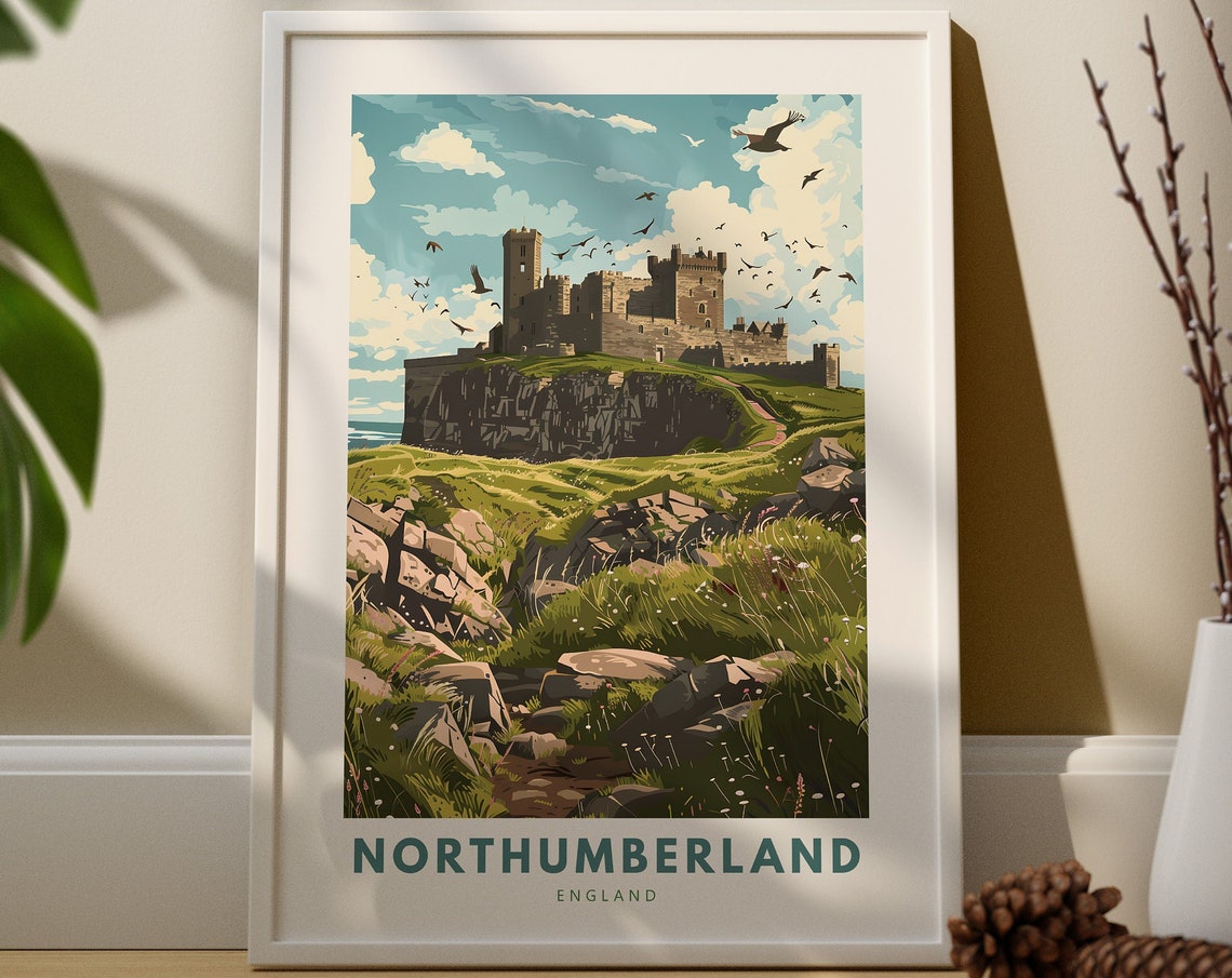 Northumberland England Castle Cliffs Coastal Travel Art Poster