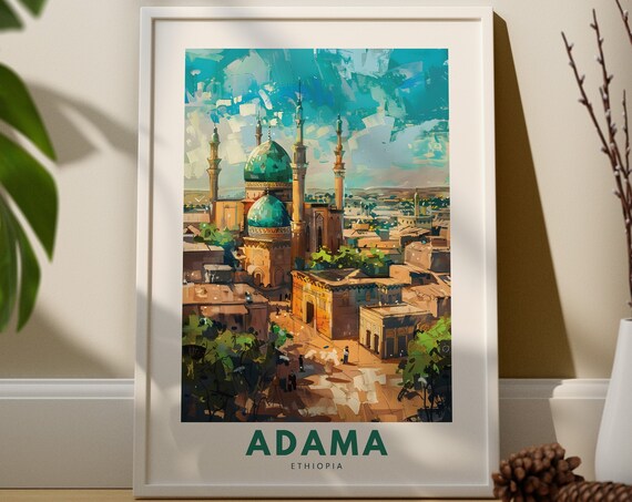 Adama Ethiopia Mosque Domes Minarets Retro Travel Illustration Poster