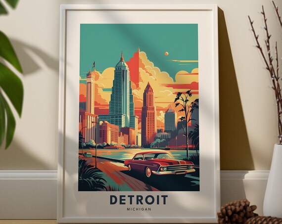 Detroit Michigan Retro Skyline Classic Car Sunset Travel Poster