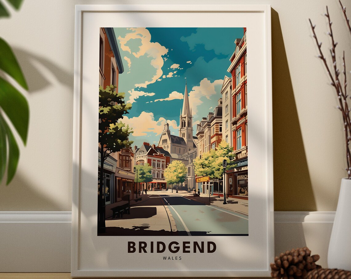 Bridgend Wales High Street Church Spire Vintage Travel Poster