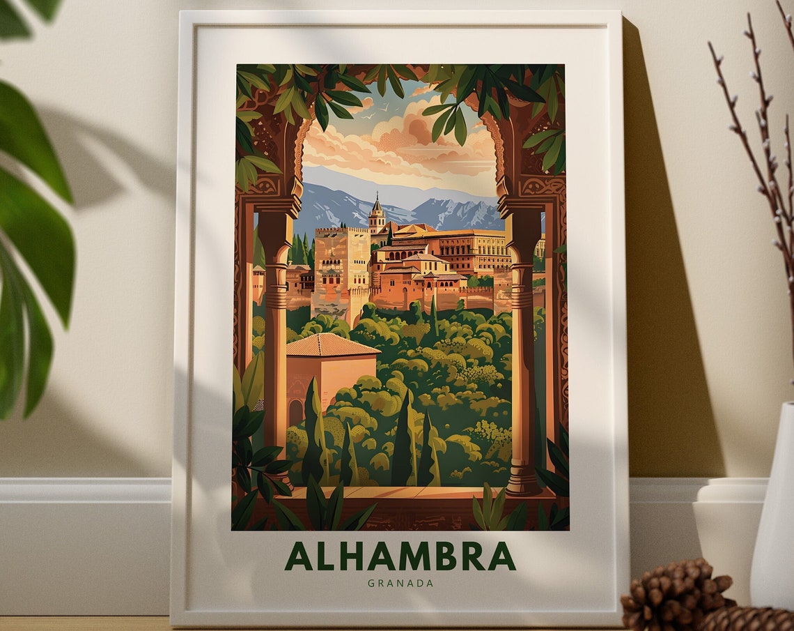 Alhambra Granada Spain Moorish Palace Arches Vintage Travel Poster