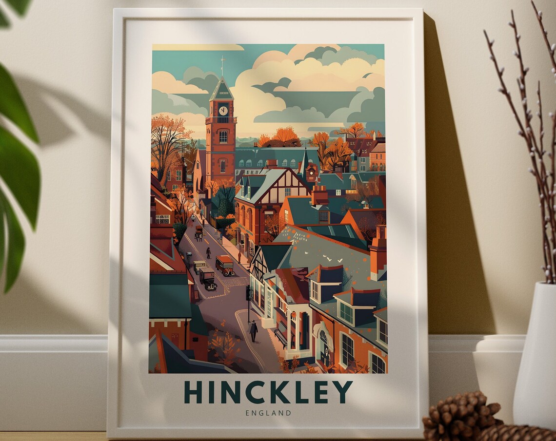 Hinckley England Clock Tower Tudor Street Town Vintage Travel Poster
