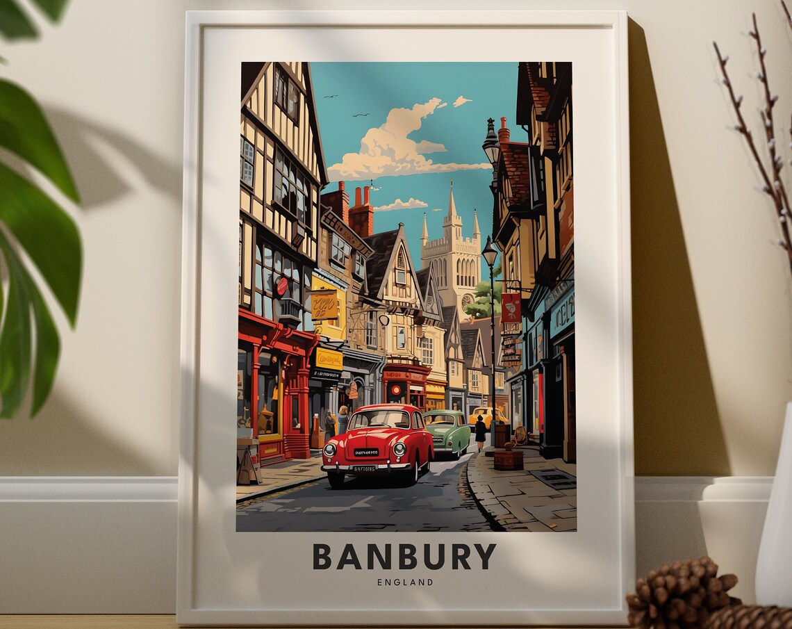 Banbury England Vintage Cars Historic Timbered Street Travel Poster