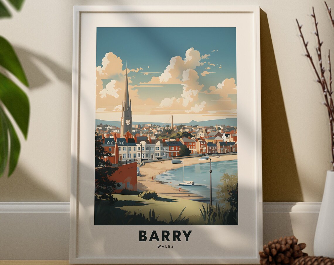 Barry Wales Coastal Town Church Spire Beach Boats Travel Poster