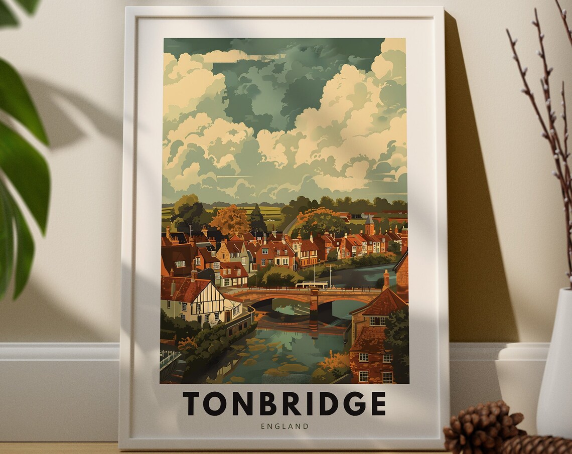 Tonbridge England Riverside Village Bridge Vintage Style Travel Poster