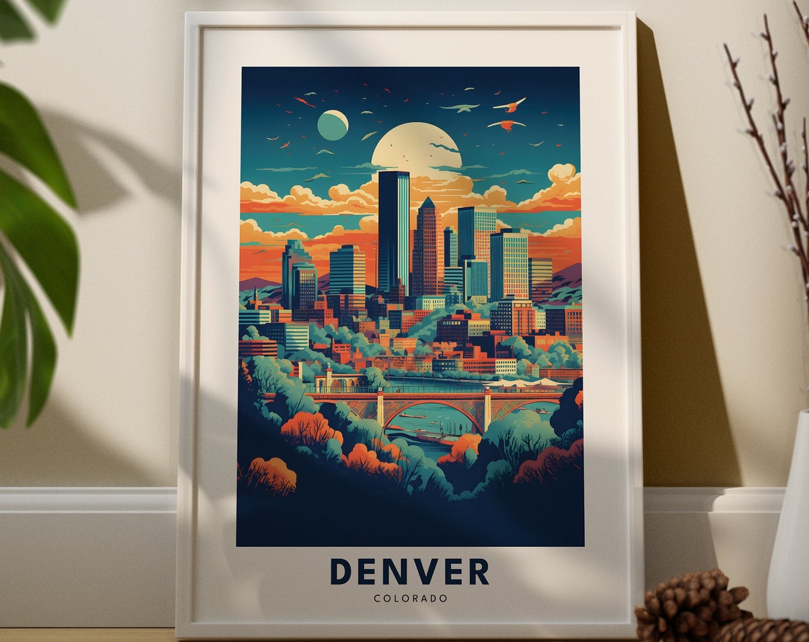 Denver Colorado Skyline Dusk Moon Bridge Night City Lights Poster