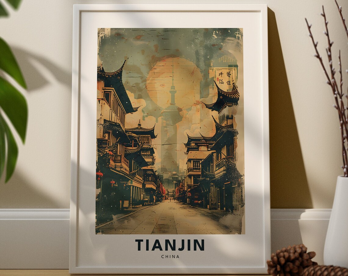 Tianjin China Vintage Travel Poster Old Street Architecture Scene