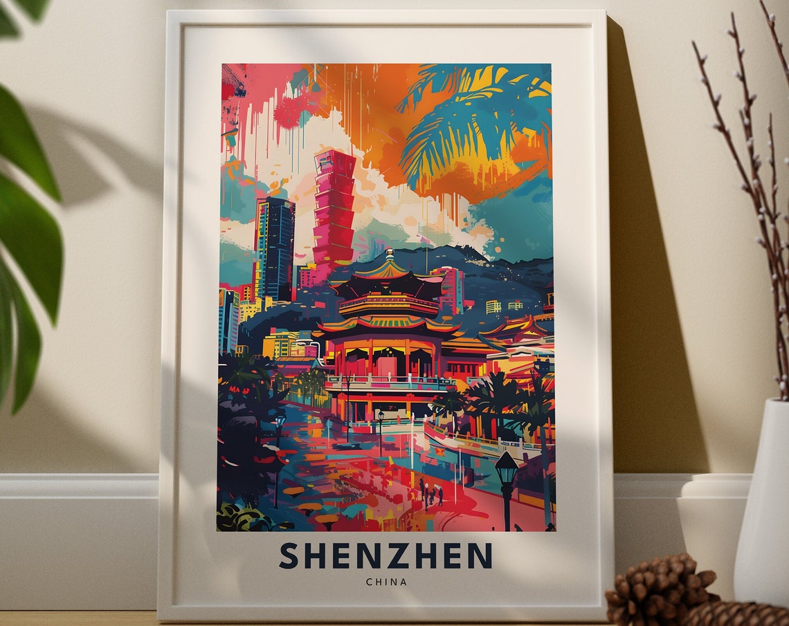 Shenzhen China Colorful Travel Poster with Temple Skyline View