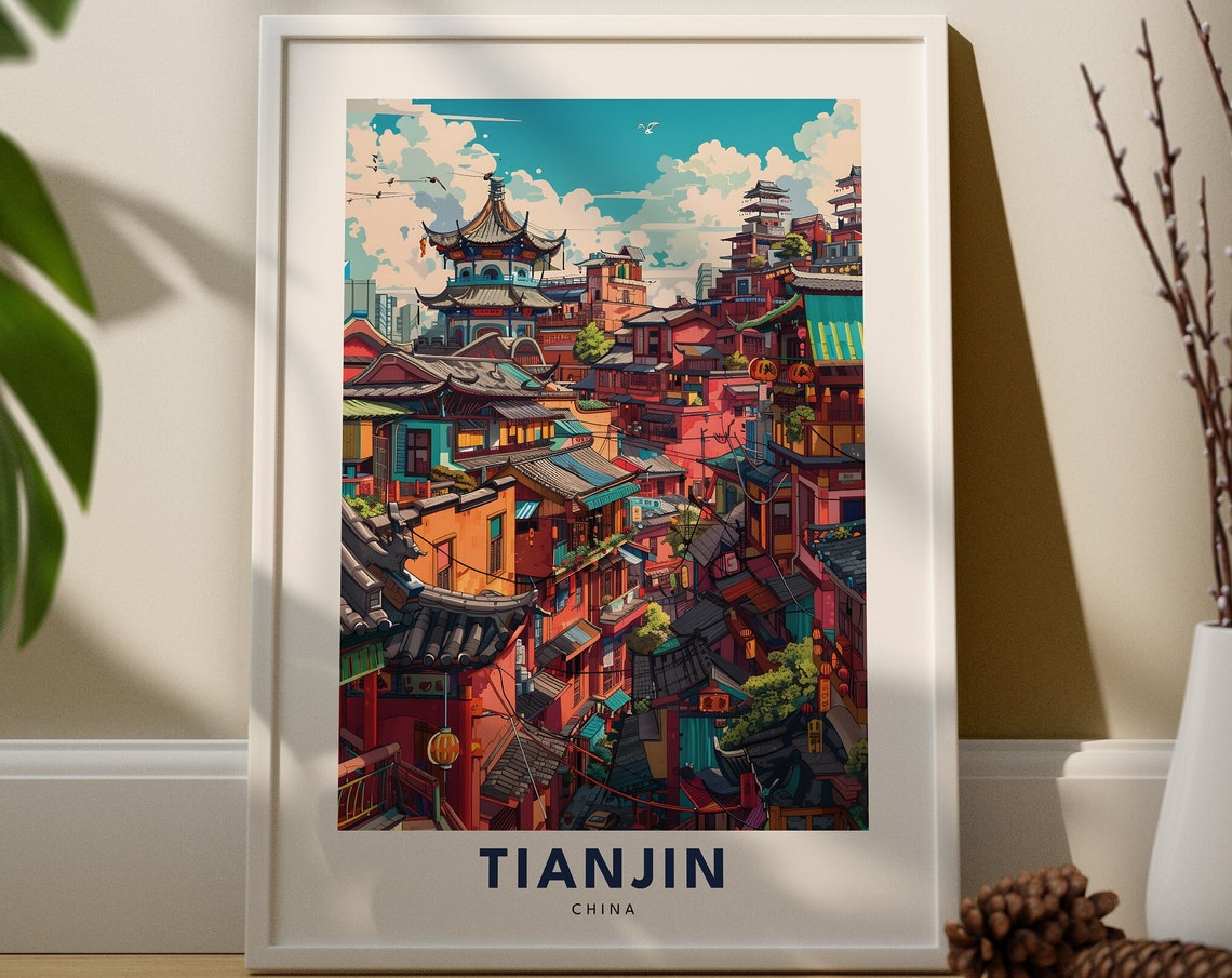 Tianjin China Old Town Pagoda Roofs Lanterns Colorful Travel Print