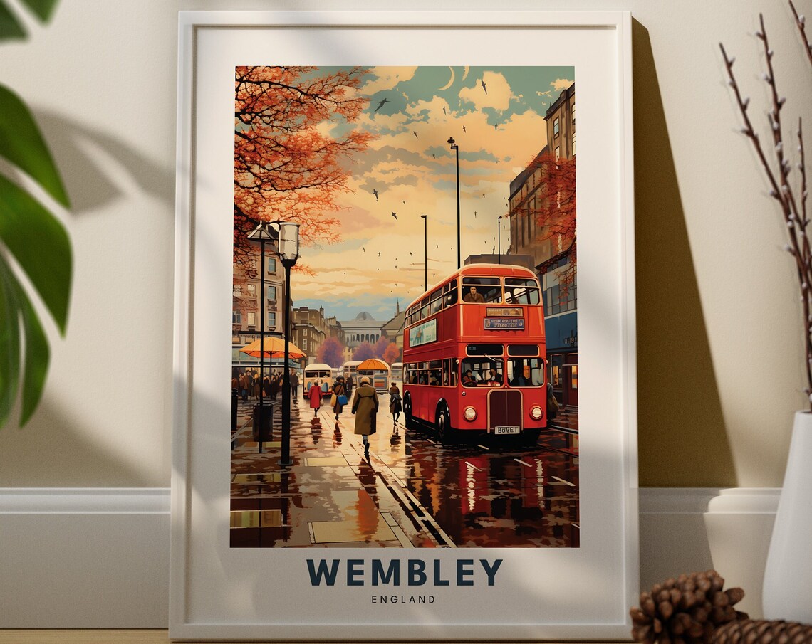 Wembley England Travel Poster Retro Red Bus Rainy Street Scene