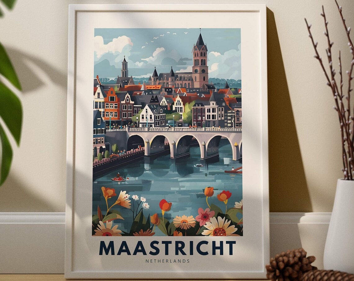 Maastricht Netherlands Vintage Travel Poster River Bridge Art