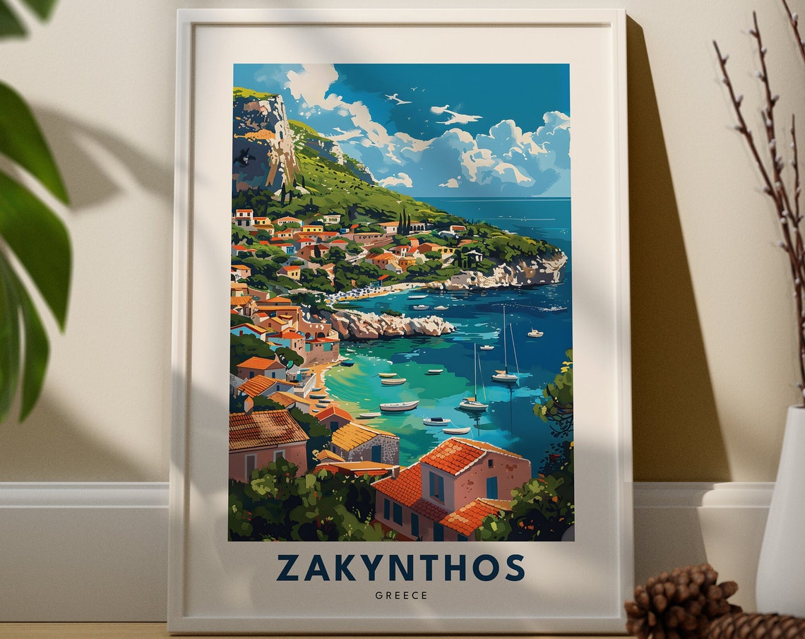 Zakynthos Greece Turquoise Bay Boats Coastal Travel Poster Island Art