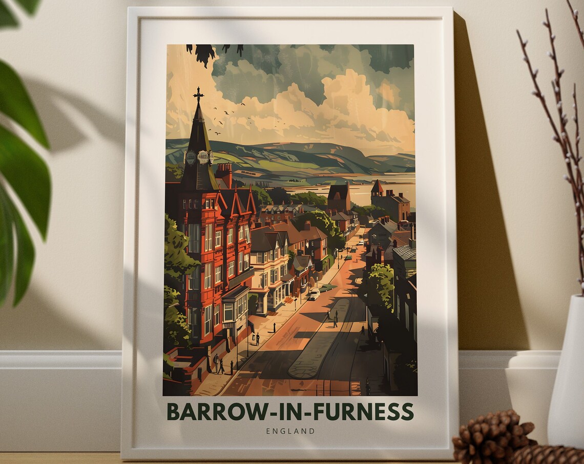 Barrow In Furness England Travel Poster Of Hillside Town And Church