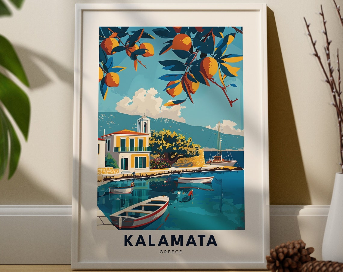 Kalamata Greece Mediterranean Harbor Retro Coastal Travel Poster