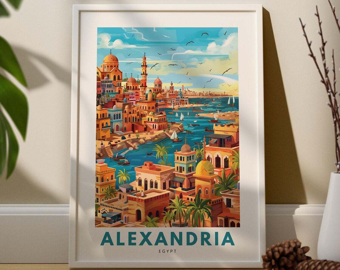 Alexandria Egypt Coastal Cityscape Retro Travel Illustration Poster