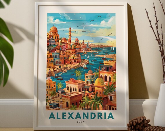 Alexandria Egypt Coastal Cityscape Retro Travel Illustration Poster