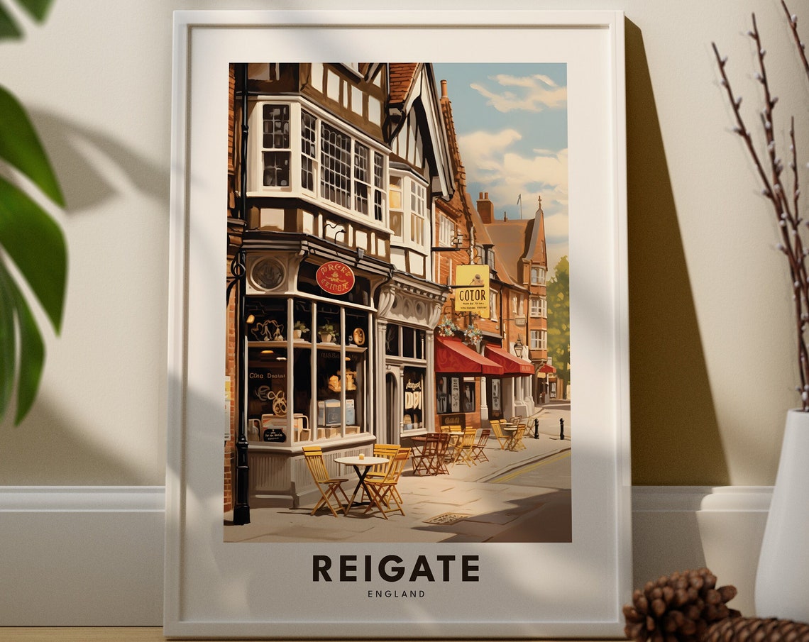 Charming Reigate England Tudor High Street Cafe Scene Travel Poster