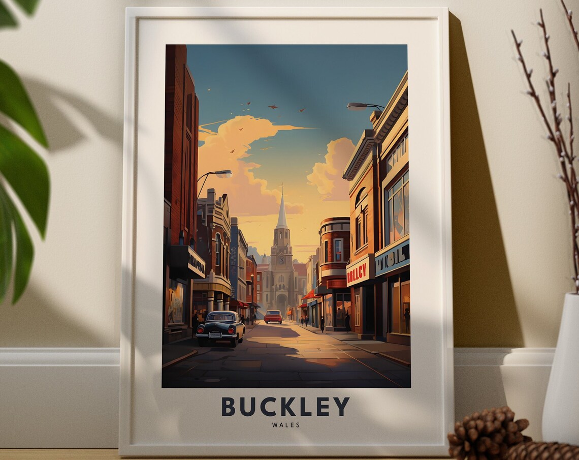 Buckley Wales Sunset Street Church Spire Classic Cars Travel Poster