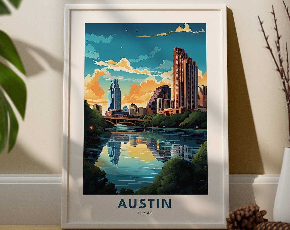 Austin Texas Skyline Sunset River Reflection Vintage Travel Print