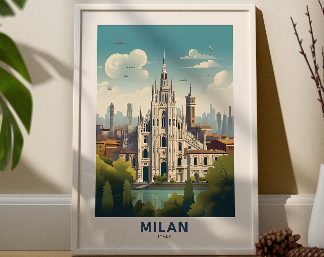 Milan Italy Duomo Cathedral Gothic Spires City Vintage Travel Poster