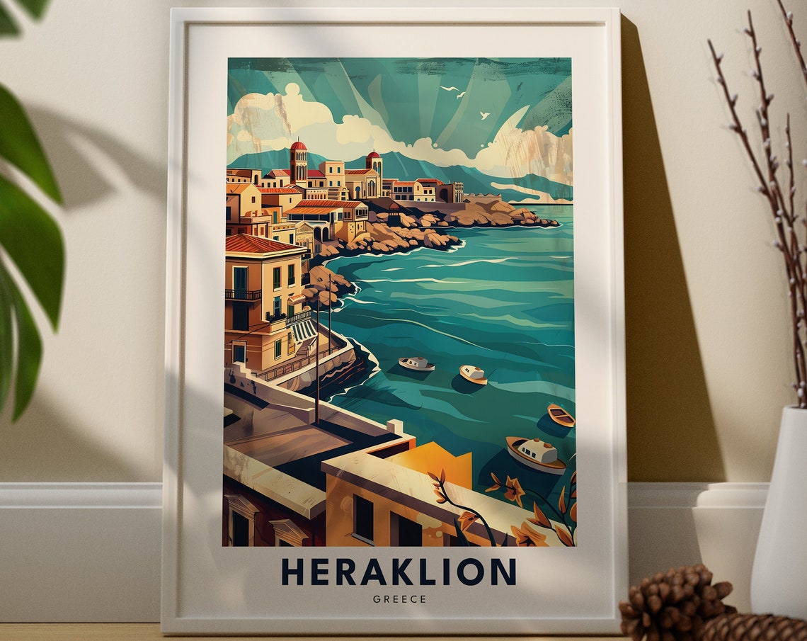 Heraklion Greece Seaside Coastal Town Harbor Vintage Travel Poster