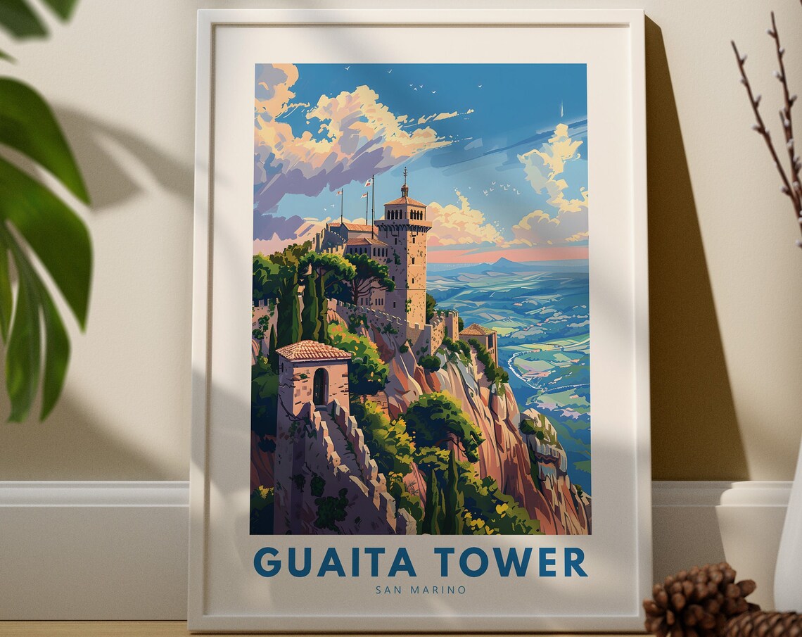 Guaita Tower San Marino Cliff Fortress Vintage Travel Poster