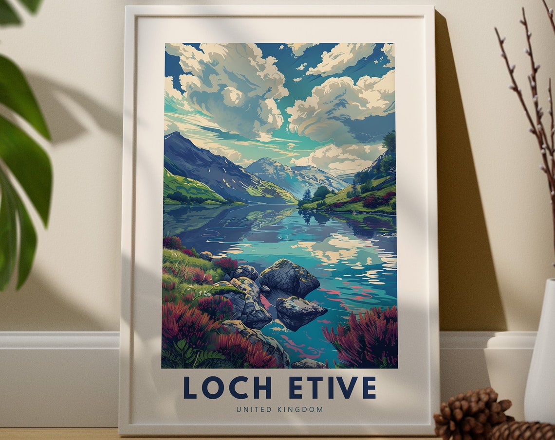 Loch Etive Scotland Lake Reflection Travel Poster Mountain Decor