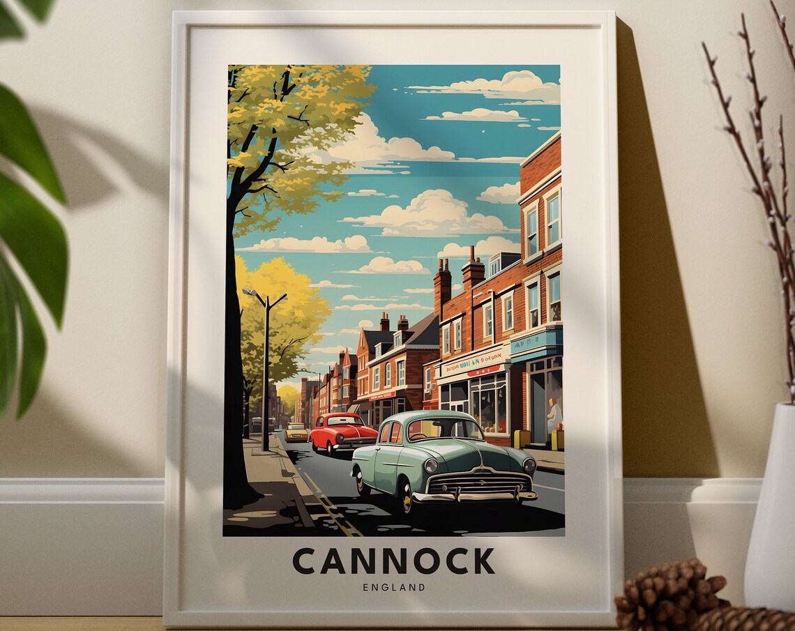 Cannock England Vintage Street Cars Travel Poster City Decor