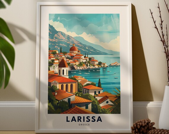Larissa Greece Seaside Old Town Sparkling Blue Bay Travel Poster