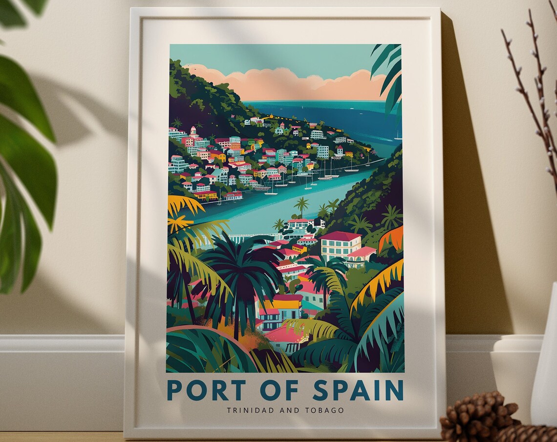 Port of Spain Trinidad Harbor Palm Vintage Travel Art Poster