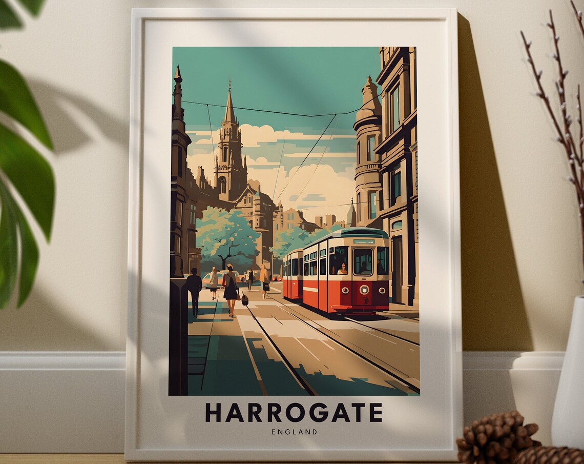 Harrogate England Vintage Red Tram Street Scene Travel Poster