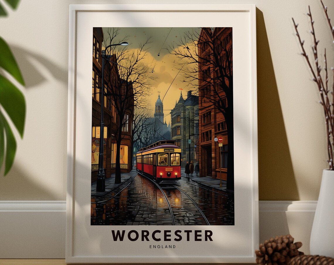 Worcester England Vintage Red Tram Wet Cobblestones Dusk Travel Art Poster