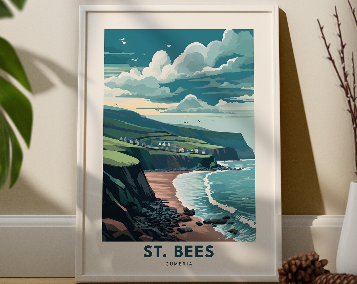 St Bees Cumbria Travel Poster Rugged Coastal Cliffs Beach Scene