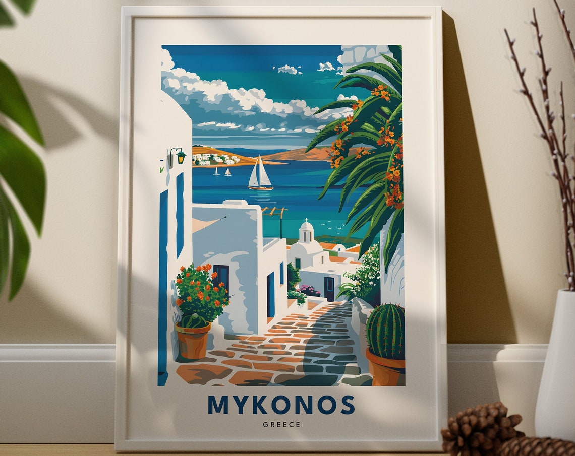 Mykonos Greece Travel Poster with Whitewashed Village and Sailboats