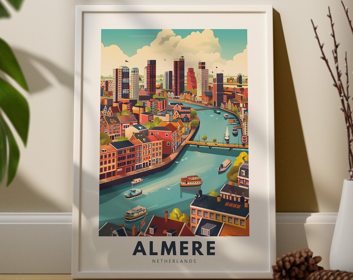Almere Netherlands Travel Poster City Canal Harbor Boats Modern Town