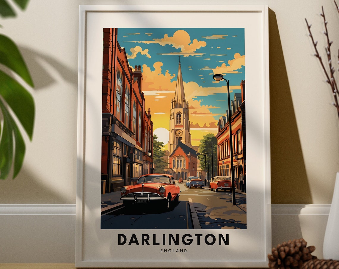 Darlington England Travel Poster Church Spire Sunset Street Scene