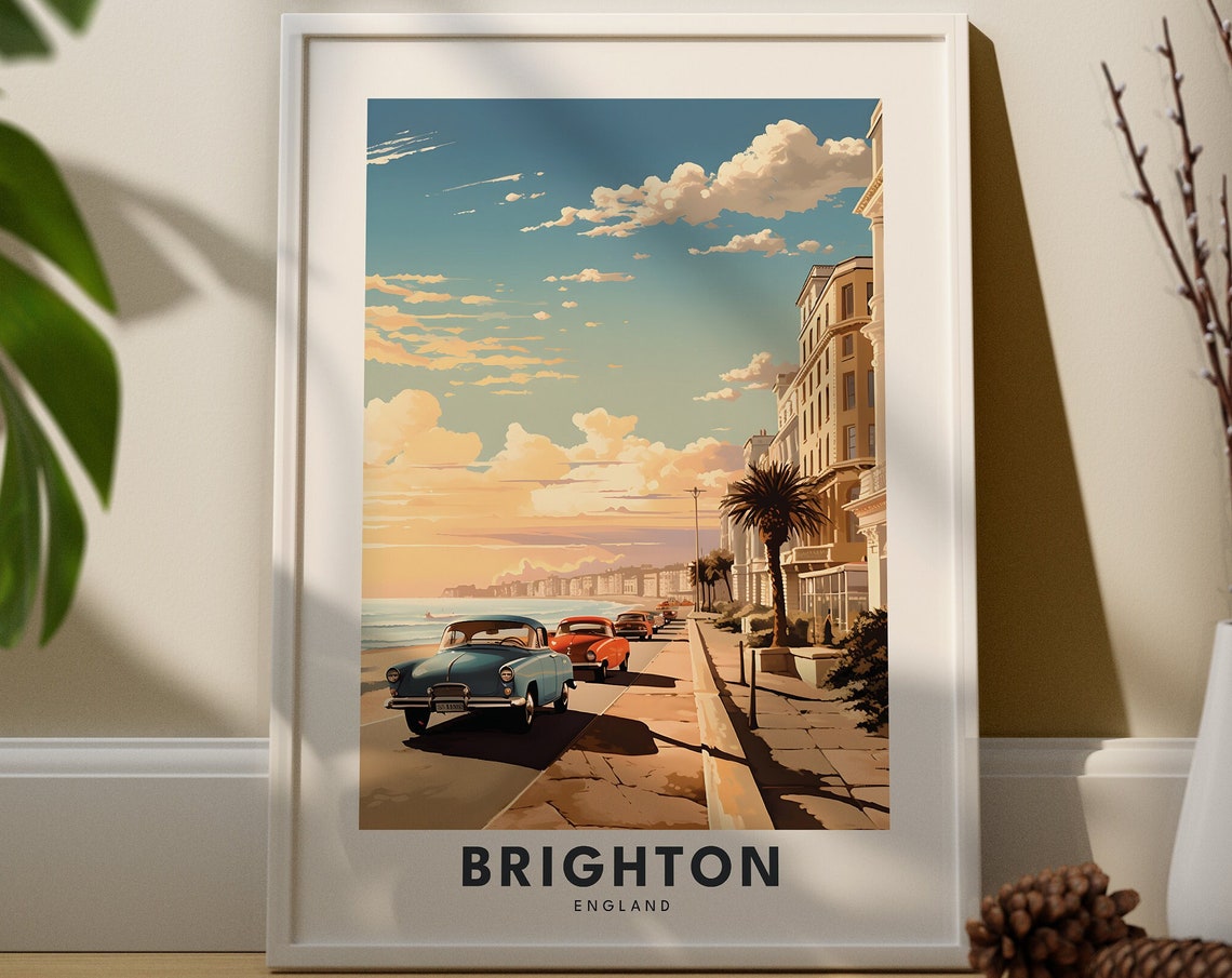 Brighton England Vintage Seaside Promenade Classic Cars Travel Poster