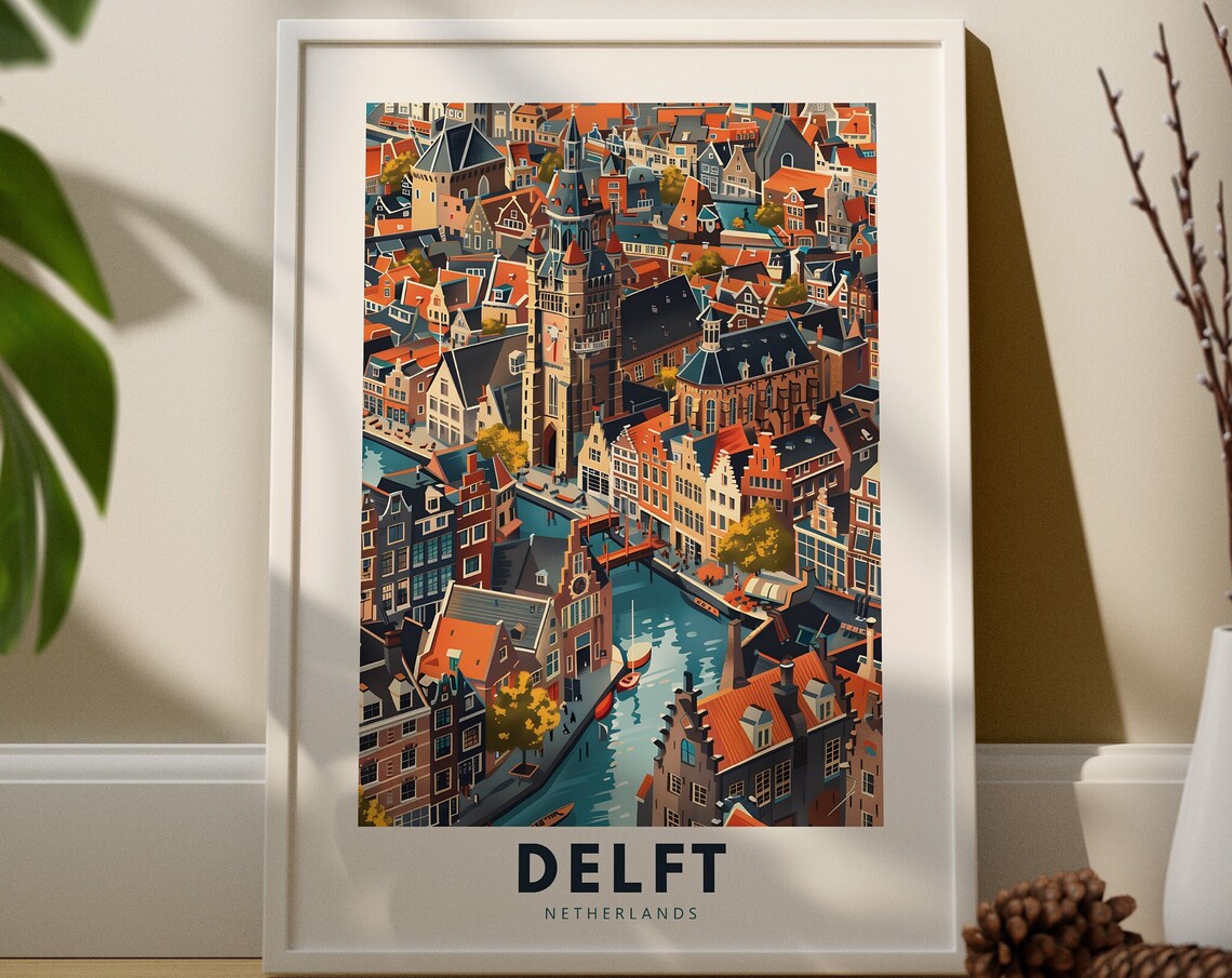 Delft Netherlands Aerial Canal View Historic City Travel Poster